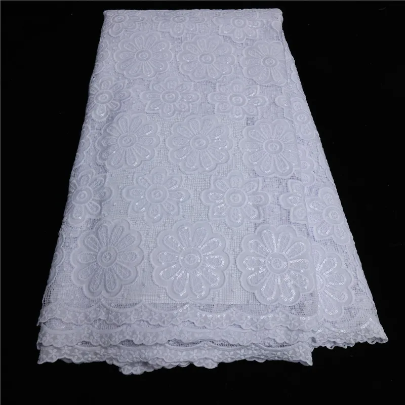 White Latest French African Guipure Lace Fabric Soft Nigeria Water Soluble Cord Lace Fabric With Sequins For Wedding Dress Party