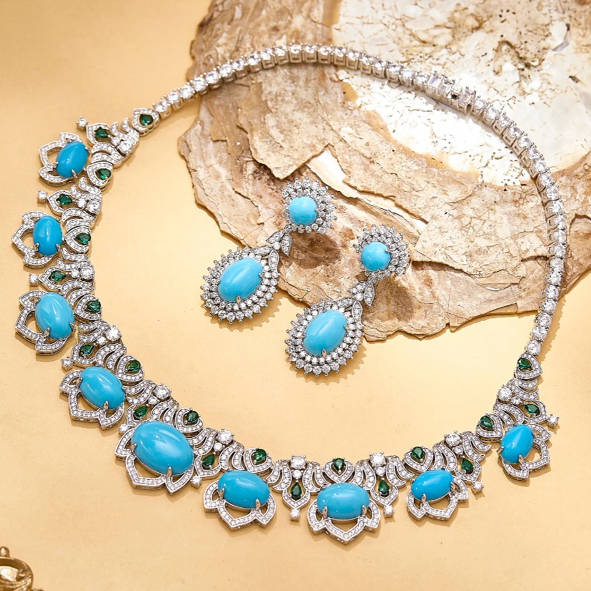 Ayjewelry New Trendy High Craft Blue Turquoise Tennis Necklace Earrings Gold PLated Luxury Designer Jewelry Set For Women Party view 2