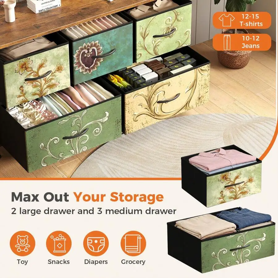 39.4'W 5 -Drawer Dresser For Bedroom, White Storage Unit With Sturdy Steel Frame, TV Stand With Wooden, Chest Of Drawers For Clo