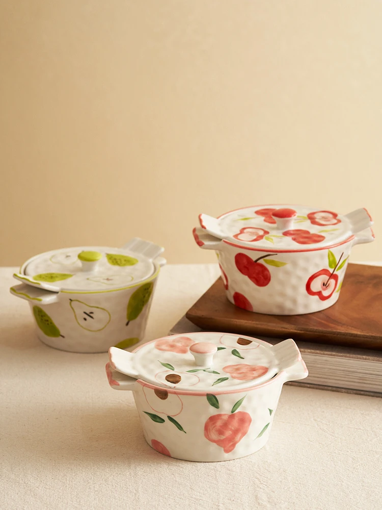 Steamed Egg Bowl with Cover Baby Children Ceramics Kitchen Tableware Practical Safe Eco Friendly Fruit Pattern Lovely