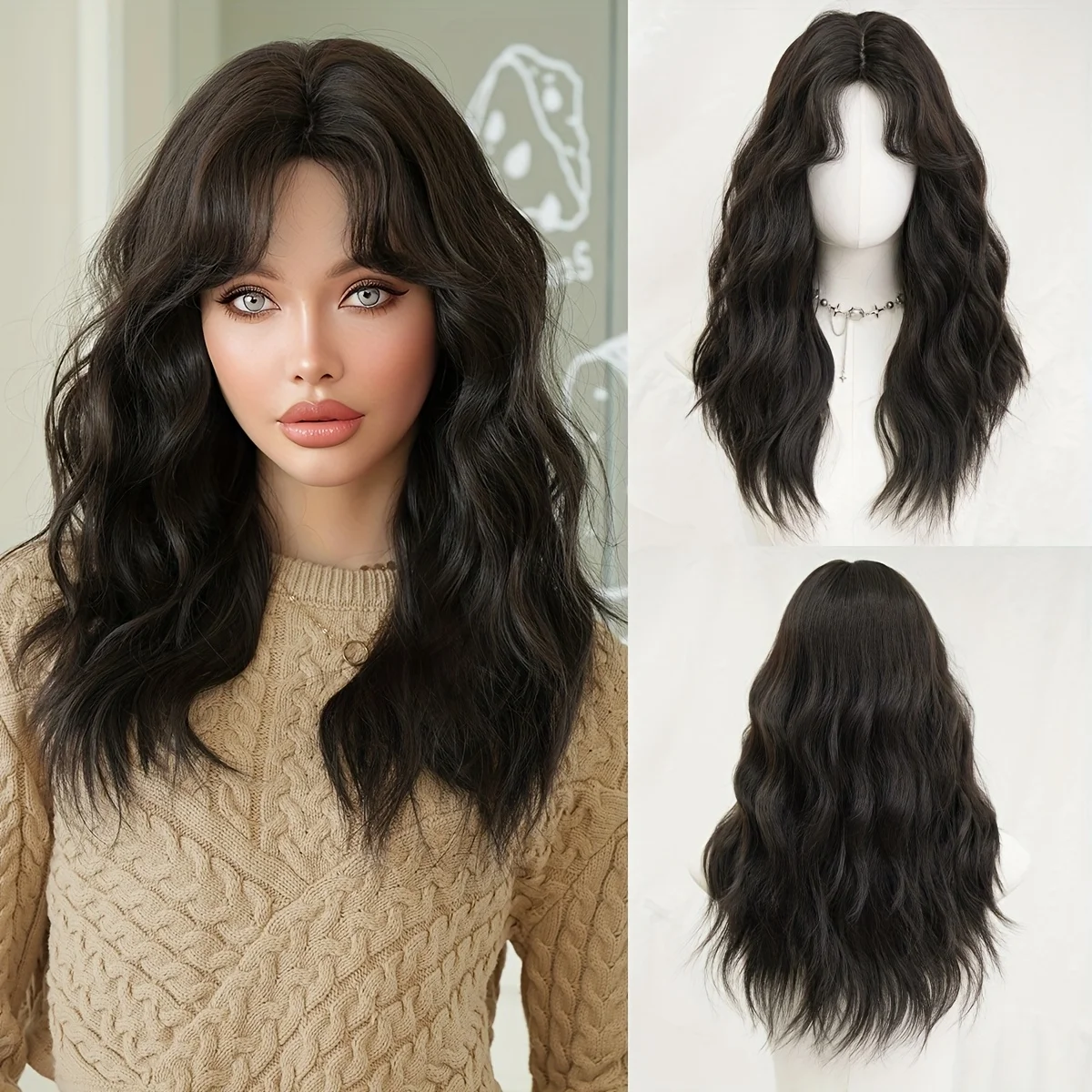 

Regular Wig, Shoulder-Length, Water Wave, Black-Brown, Women's Daily Party Use, High-Density, Heat-Resistant Synthetic Wig
