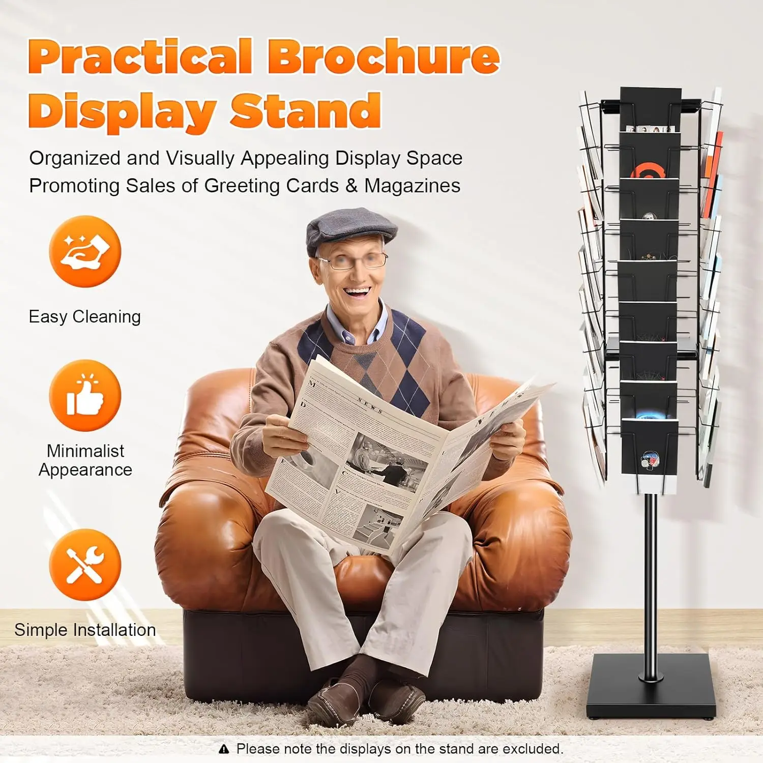 Rotating Magazine Rack, 63in Metal Brochure Display Stand with 36 Pockets Free Standing Rack Brochure Organizer Display