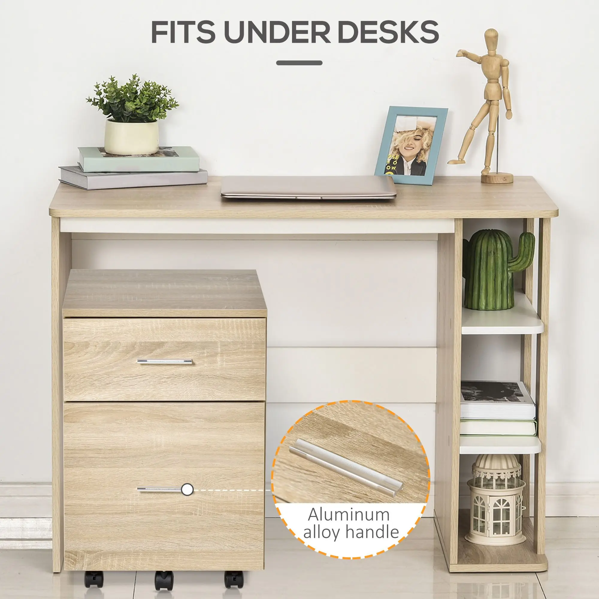 For Mobile Filing Cabinet, Vertical File Cabinet with 2 Drawers, Wheels, for Letter or A4 File, Natural