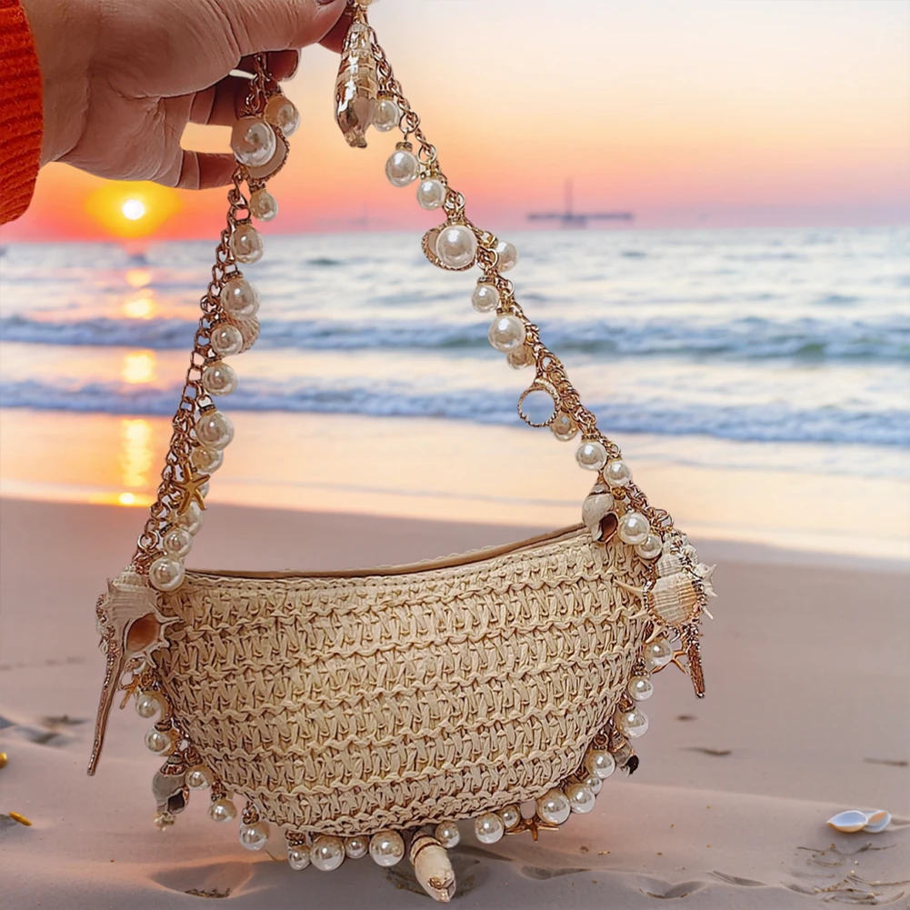 

Women Pearl Conch Handbag with Pearl Chain Elegant Straw Shoulder Bag Breathable Holiday Beach Bag Seaside Soft Clutch
