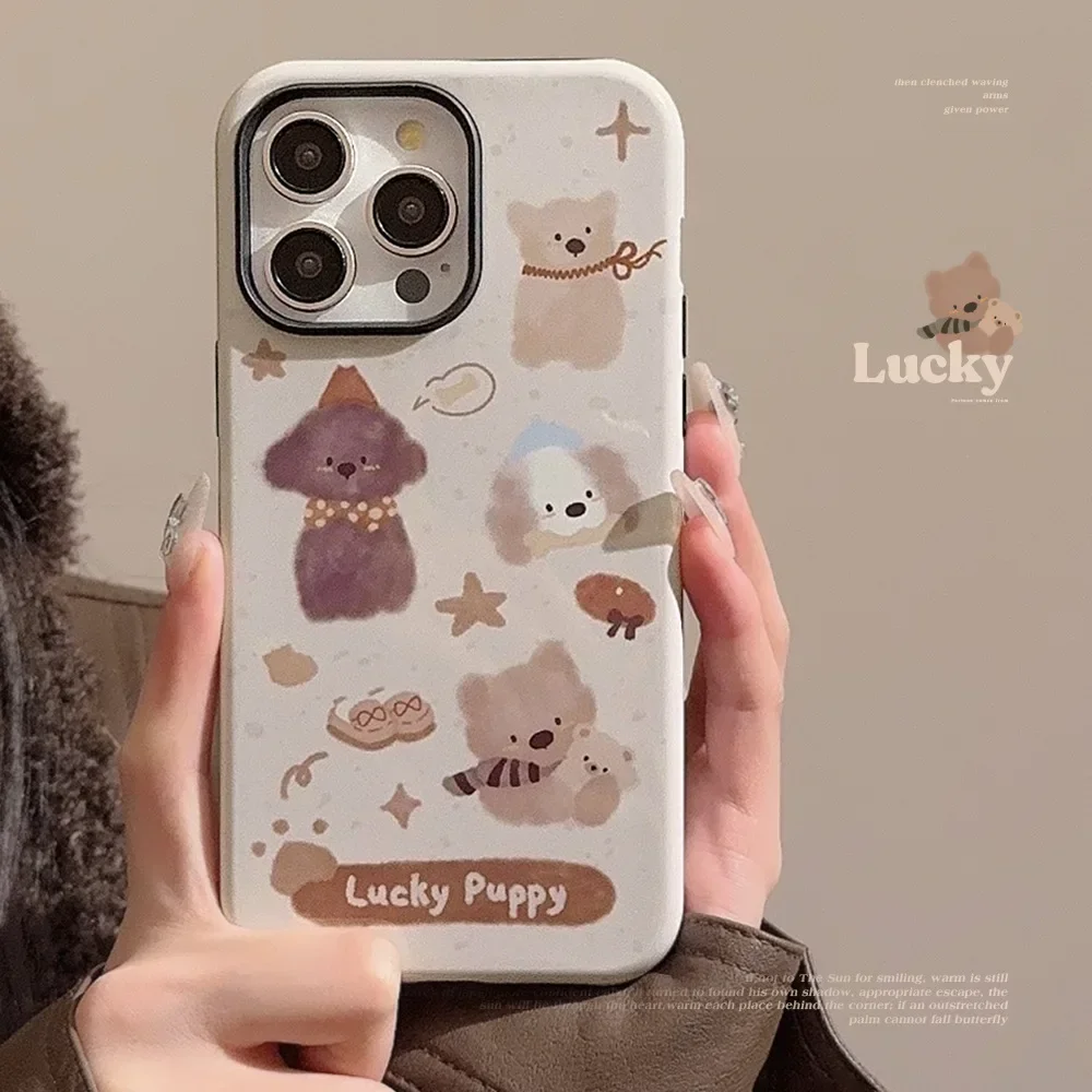 Chocolate party puppy bow bear Oil Painting art Phone Case For iPhone 16 15 14 13 12 11 Pro Max Case Cute luxury Cartoon Cover