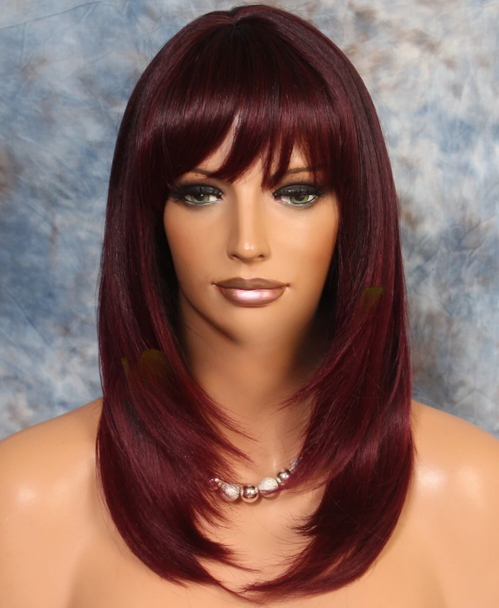 

Hair blend Heat OK Full Wig Straight Bang Face Framing LP 1B-Burgundy