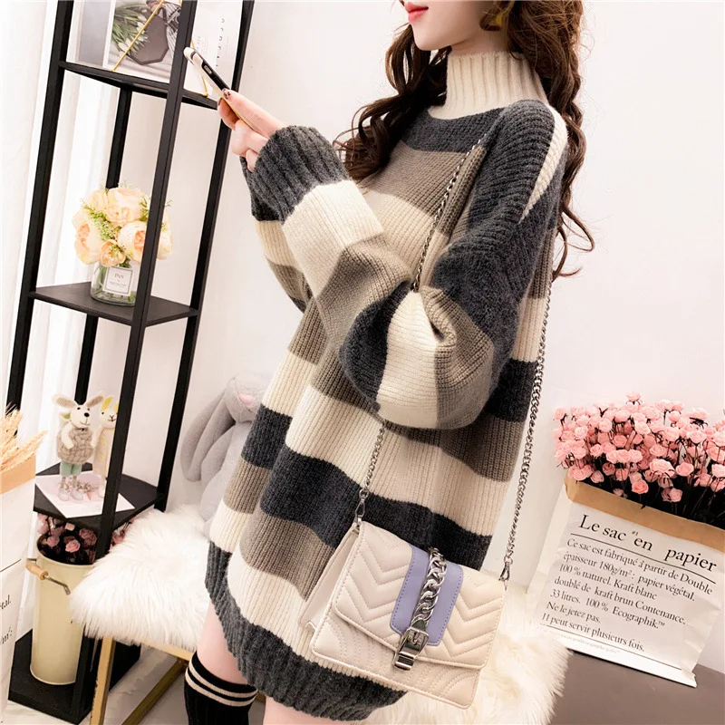 Women Sweaters Pullover Turtleneck 2023 Fashion  Stripe Long Turtleneck Sweater Loose Pullovers Winters Woman Clothing LXJ2015