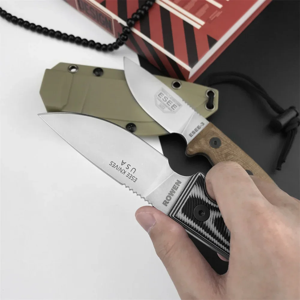 2 Styles ESEE-3 Rowen Tactical Protable Fixed Knife 9Cr18Mov Blade Black G10+Linen Handles Outdoor Military Rescue EDC Tools