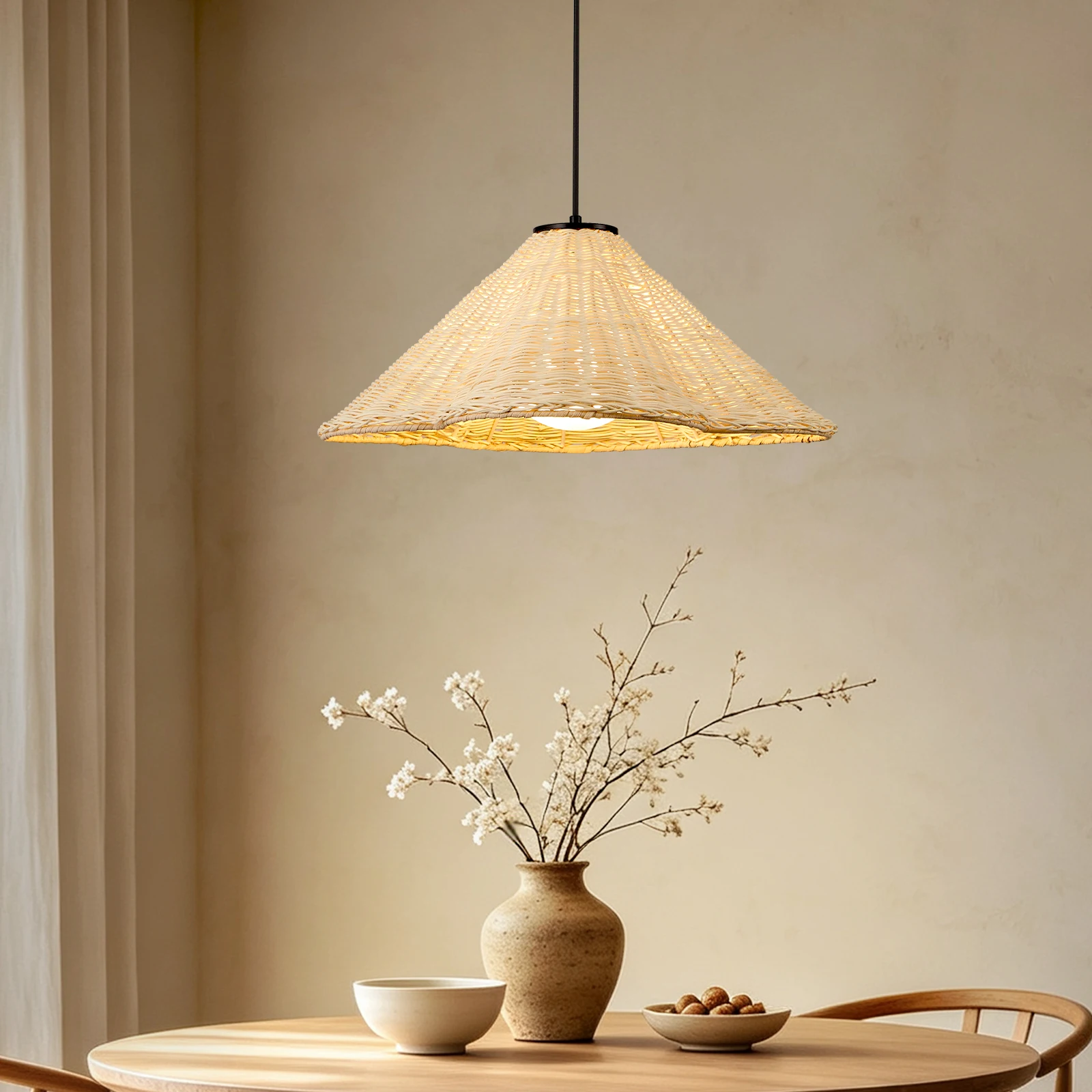 Vintage Beige Rattan LED Pendant lamp Hand Woven Straw Hat Pendant Light for Bedroom Kitchen Retro Handmade Rustic Chandelier