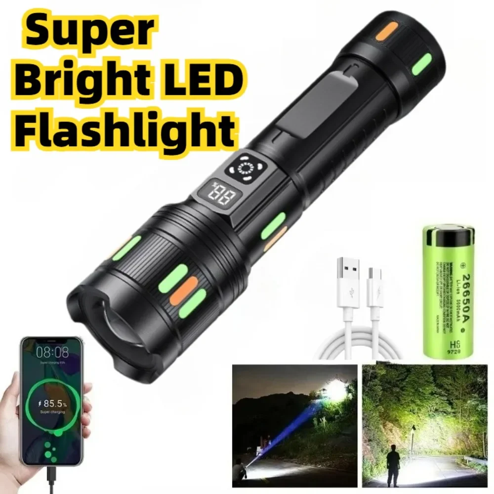 Powerful Long Range LED Flashlight Type-C Charging Zoomable Three Level Dimming Mode Handlamp for Camping