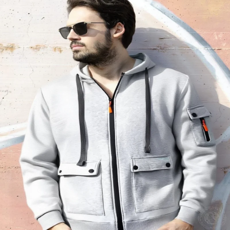 

New men's multi pocket zipper hooded sweatshirt, loose fitting pullover, fashionable sports top