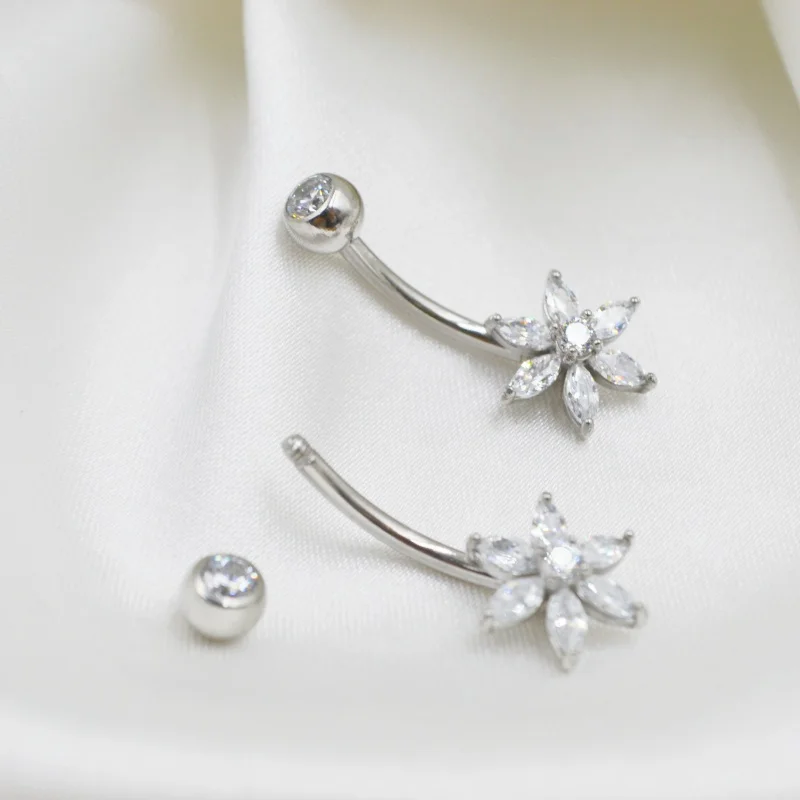 20PCS Surgical Steel Shine CZ Flower Navel Belly Button Bar Navel Rings Body Piercing Jewelry