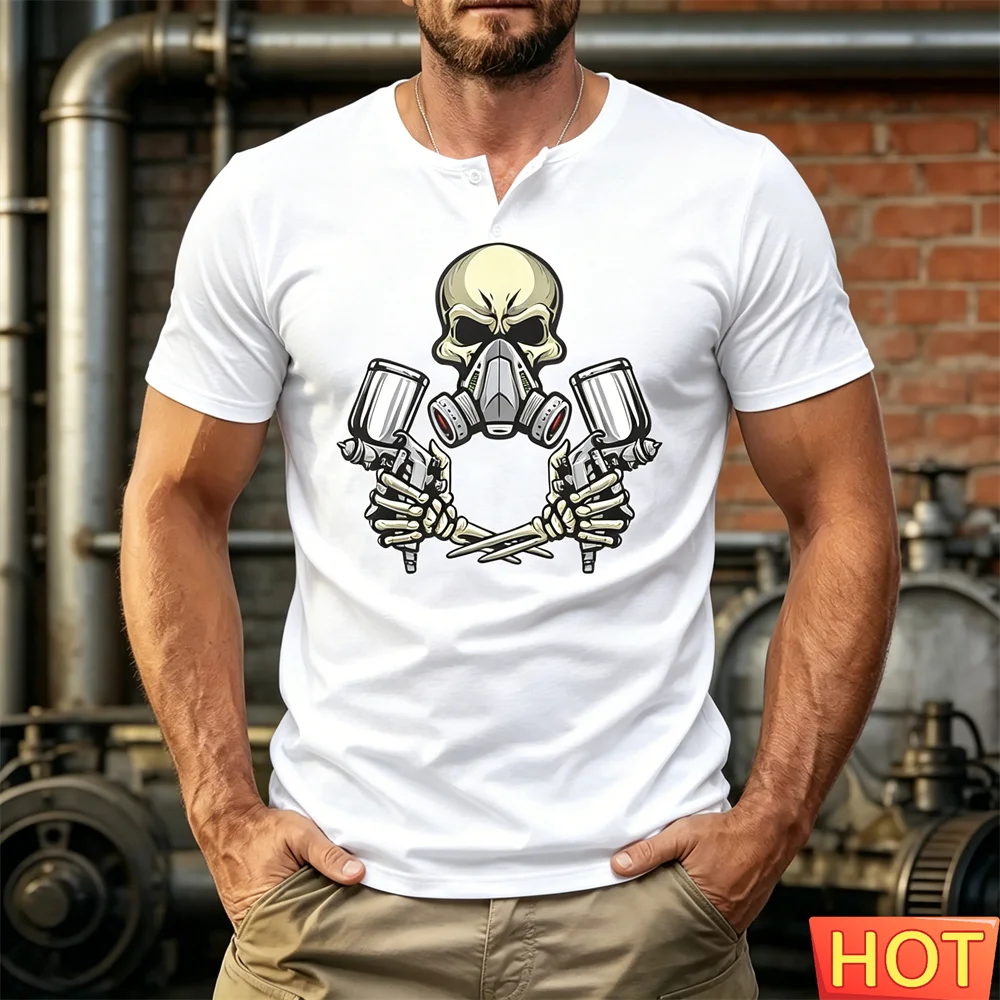 Men's button up T-shirt summer fashion Men Henry T-shirt casual cool punk skull loose Sport Henry shirt round neck short sleeved