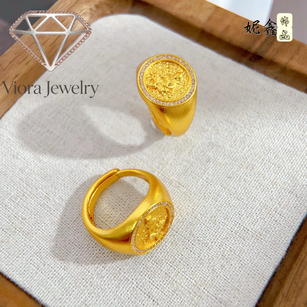 Viora Jewelry Diamond-Embedded Yellow God of Wealth Ring Women's 24K Gold AU999 - Pure gold diamond wealth god ring band, gentle