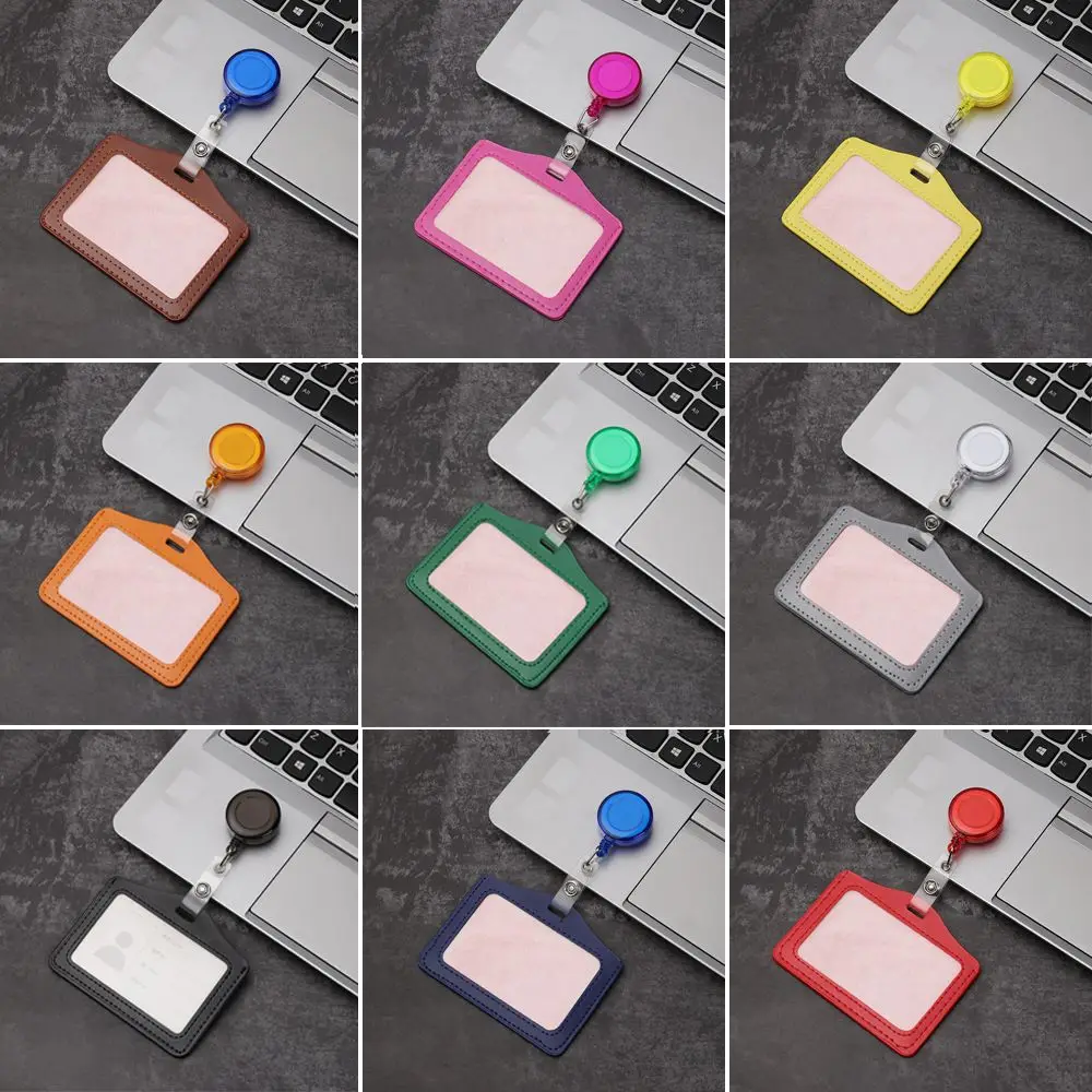 Leather Office Supplies Identity Tag Badge Case with Retractable Reel ID Card Holder Protective Shell
