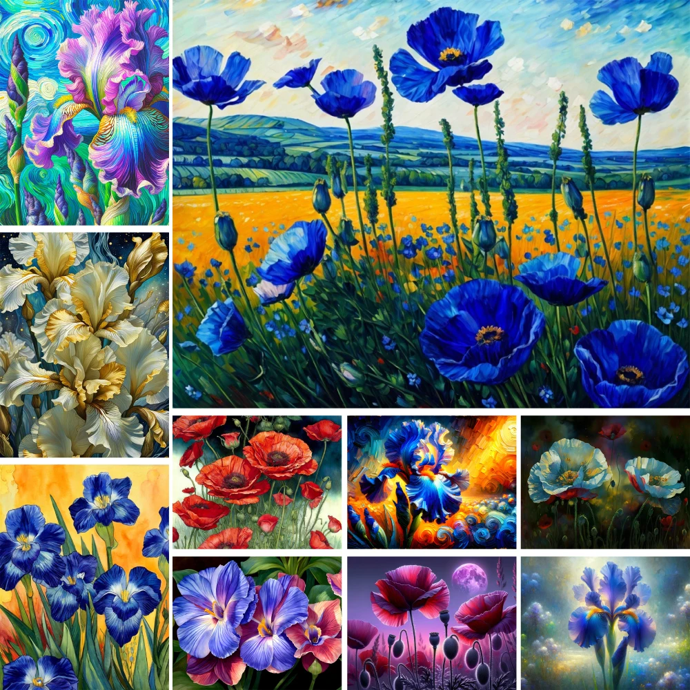 Flowers Poppy Iris Printed Fabric Cross-Stitch Kit Embroidery Sewing Painting Needlework Knitting For Adults Room Decor Jewelry