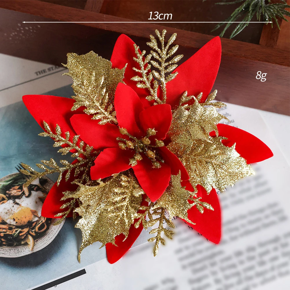 10pcs 13cm Christmas Artifical Flowers Glitter Red Artificial Fake Flowers Xmas Tree Ornament New Year Home Christmas Decoration