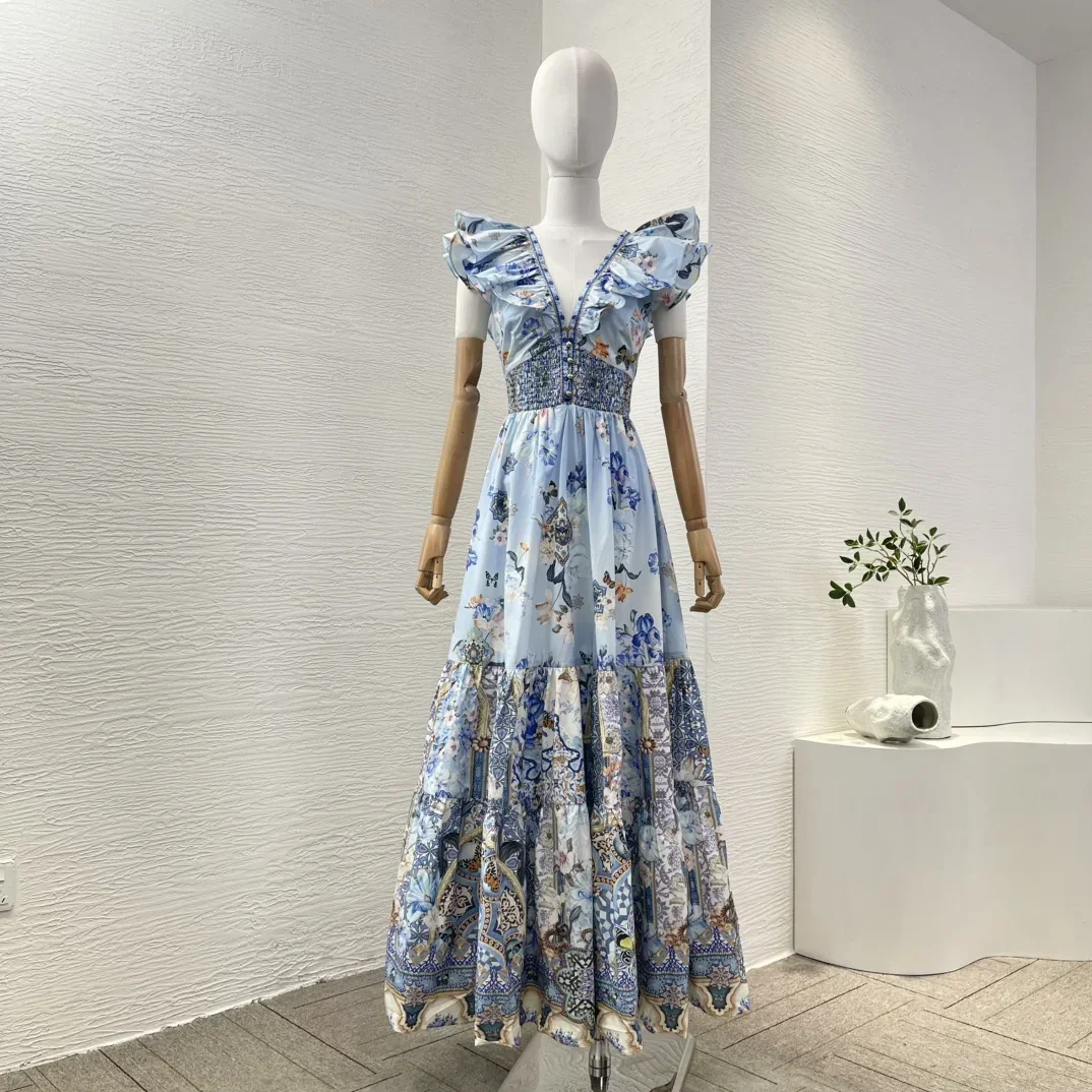 Robe maxi à imprimé floral bleu pour femme, col en V profond, découpe à la taille et au dos, volants en fibre, nouveau, 2024