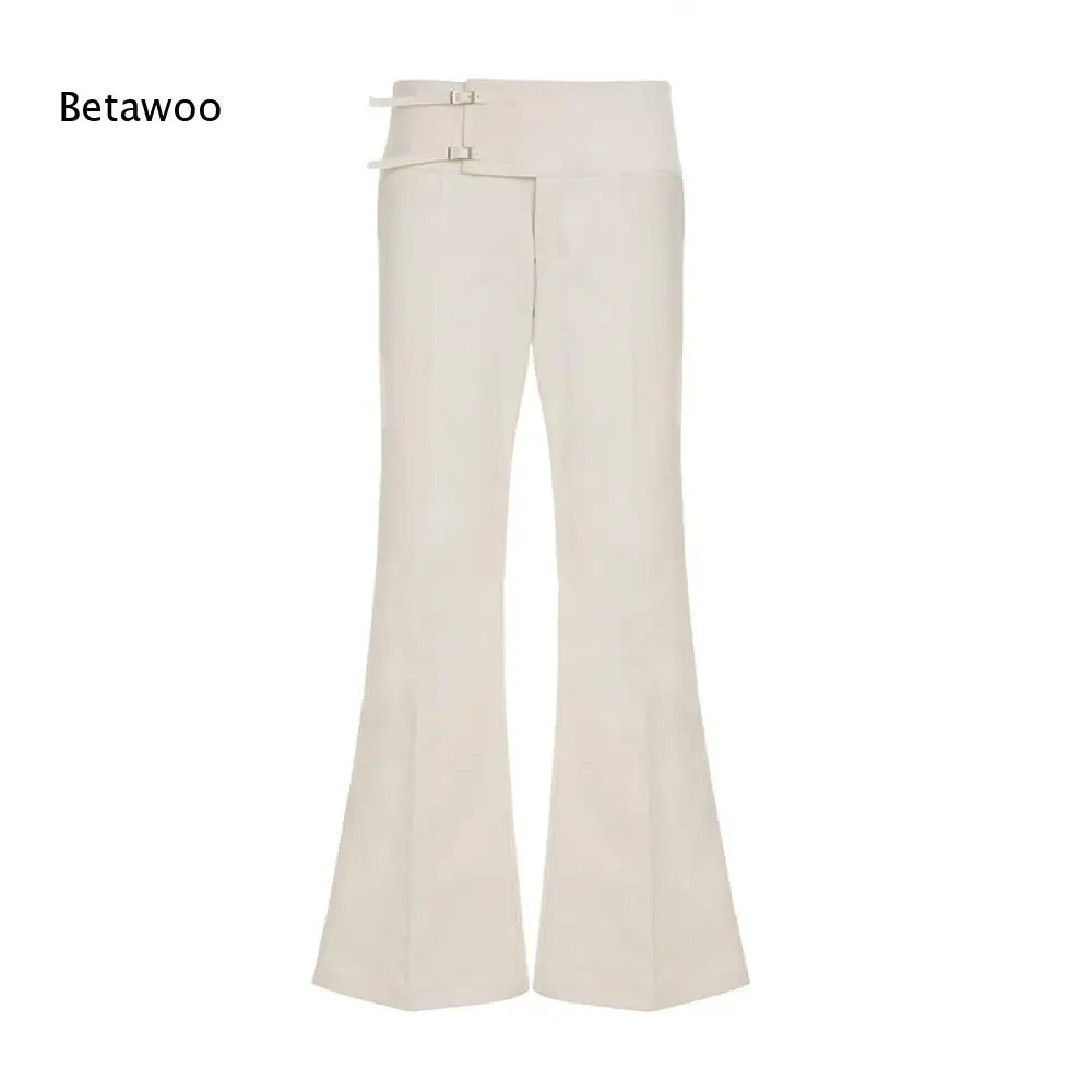 Front Double Buckle Low Cut Waist White Dress Pants Vertical Seam High Flow Bootcut Long Trousers