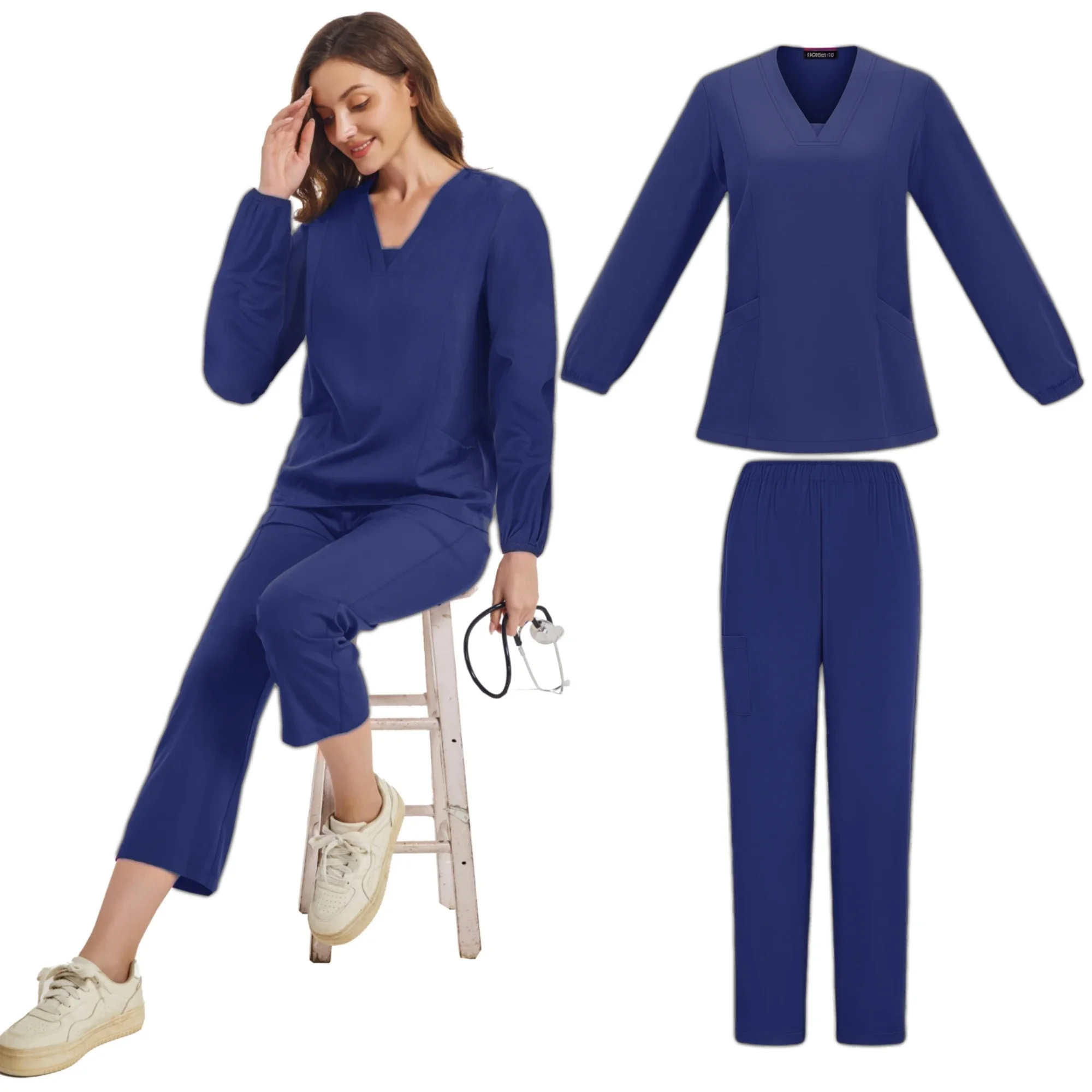 Uniformi chirurgiche Donna Infermieristica Manica lunga Scrubsuit Scrub medico Ospedale Top con scollo a V Dottore Infermieristico Scrub lungo Jogger Set