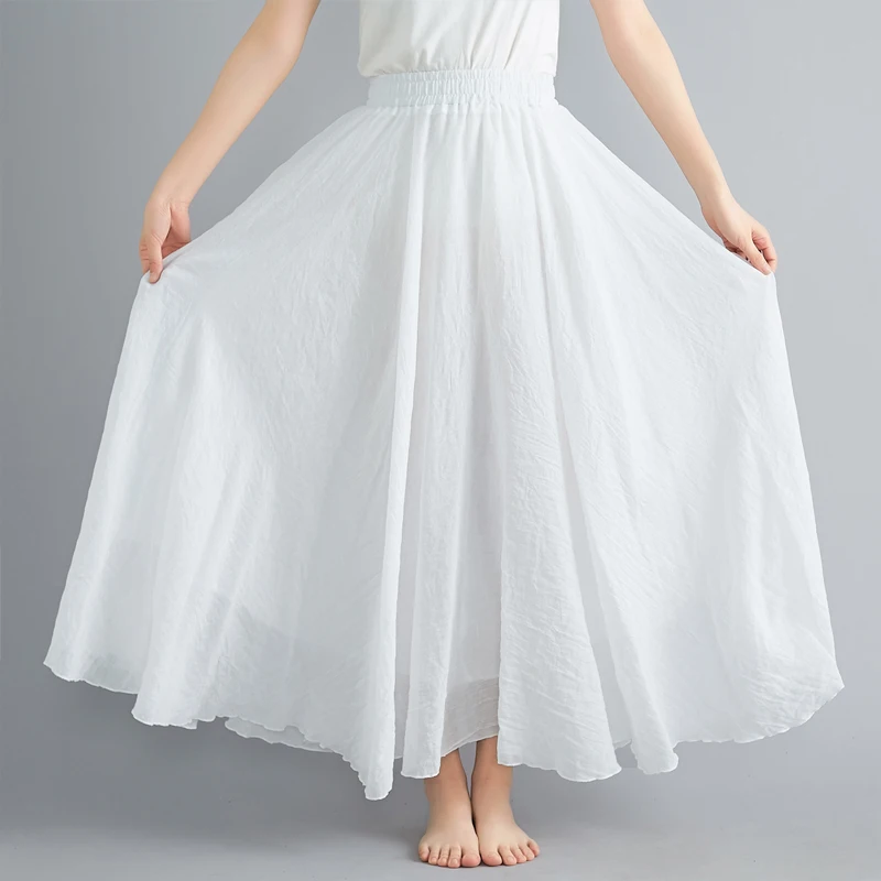 Japanese 2-layer Linen Skirts Pleated Satin Long Skirt High Elastic Waist Skirts Lady Casual Pleuche Big Hem A-line Long Skirts