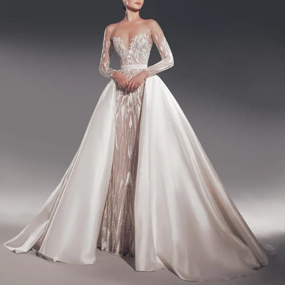 Luxury Beading Sequined Bride Dress with Detachable Tail Fashion Sweetheart Long Sleeves Sweep Train Mermaid Gowns Wedding Dress