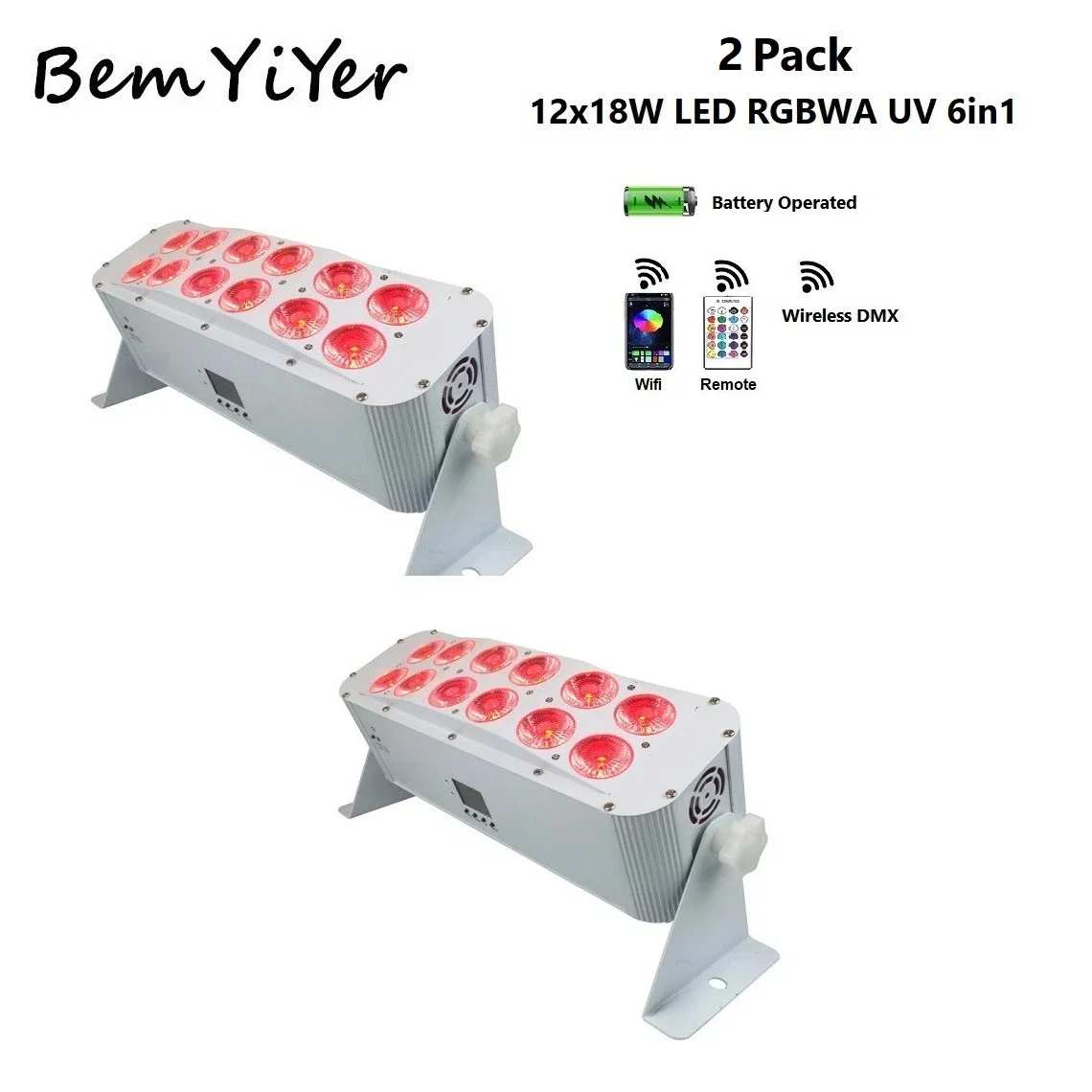 

2pack Wifi App DJ wedding led Par Uplights wash bars 12x18W Battery Wireless DMX IR/RGBWA+UV 6in1
