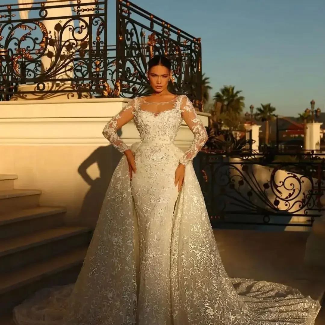 

Customzied Detachable Gorgeous Long Sleeves Wedding Dress For Women Sequins Appliques Bridal Gown O-Neck Bridal Vestido De Novia