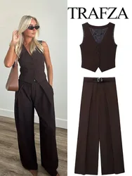 TRAFZA Female Sets V-Neck Sleeveless Side Slit Single Breasted Vest+High Waist Pockets Sashes Wide Leg Pants Women Fashion Suit