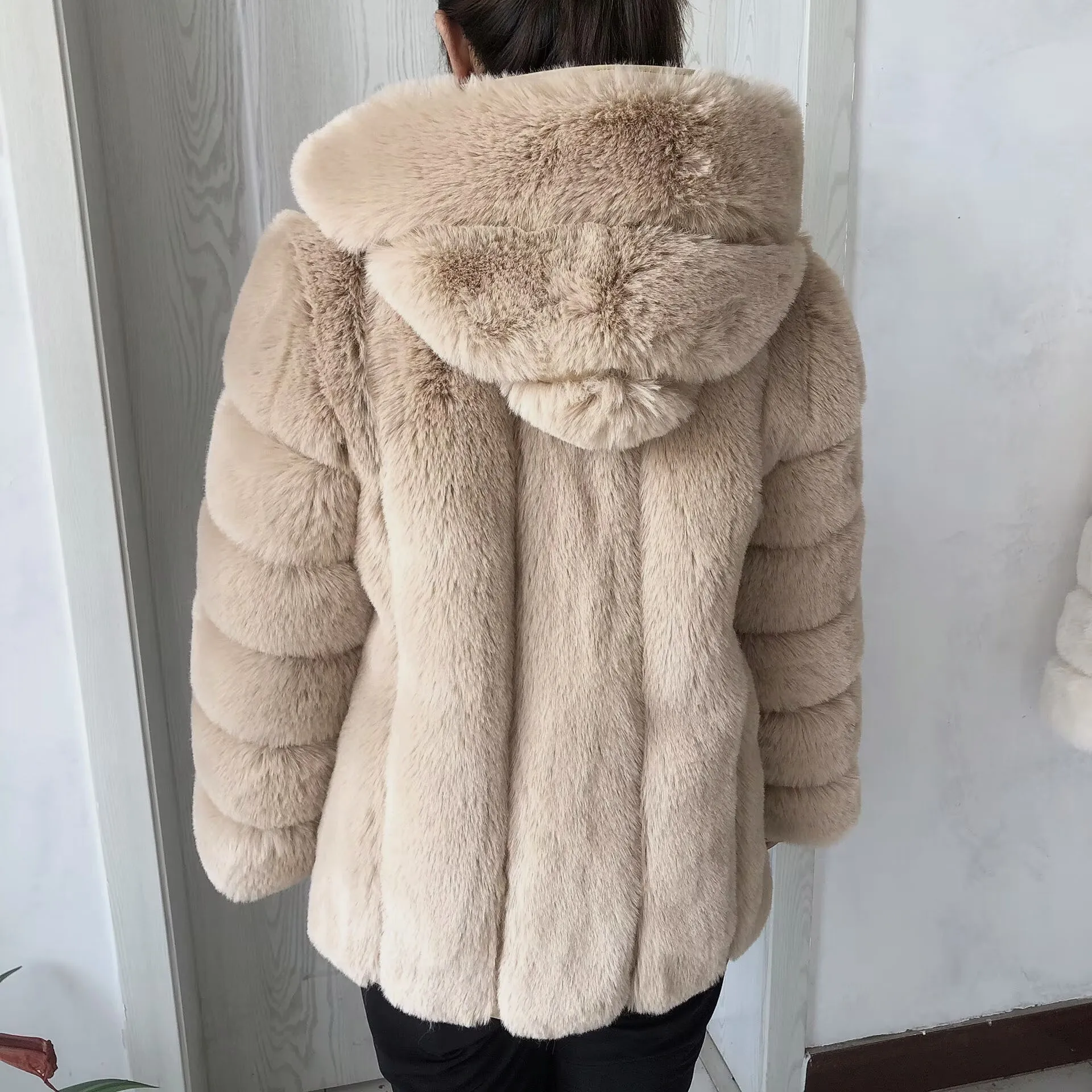 Abrigo con capucha de piel sintética para mujer, piel de zorro de imitación de chaqueta con capucha, abrigo esponjoso, ropa de invierno, moda cálida