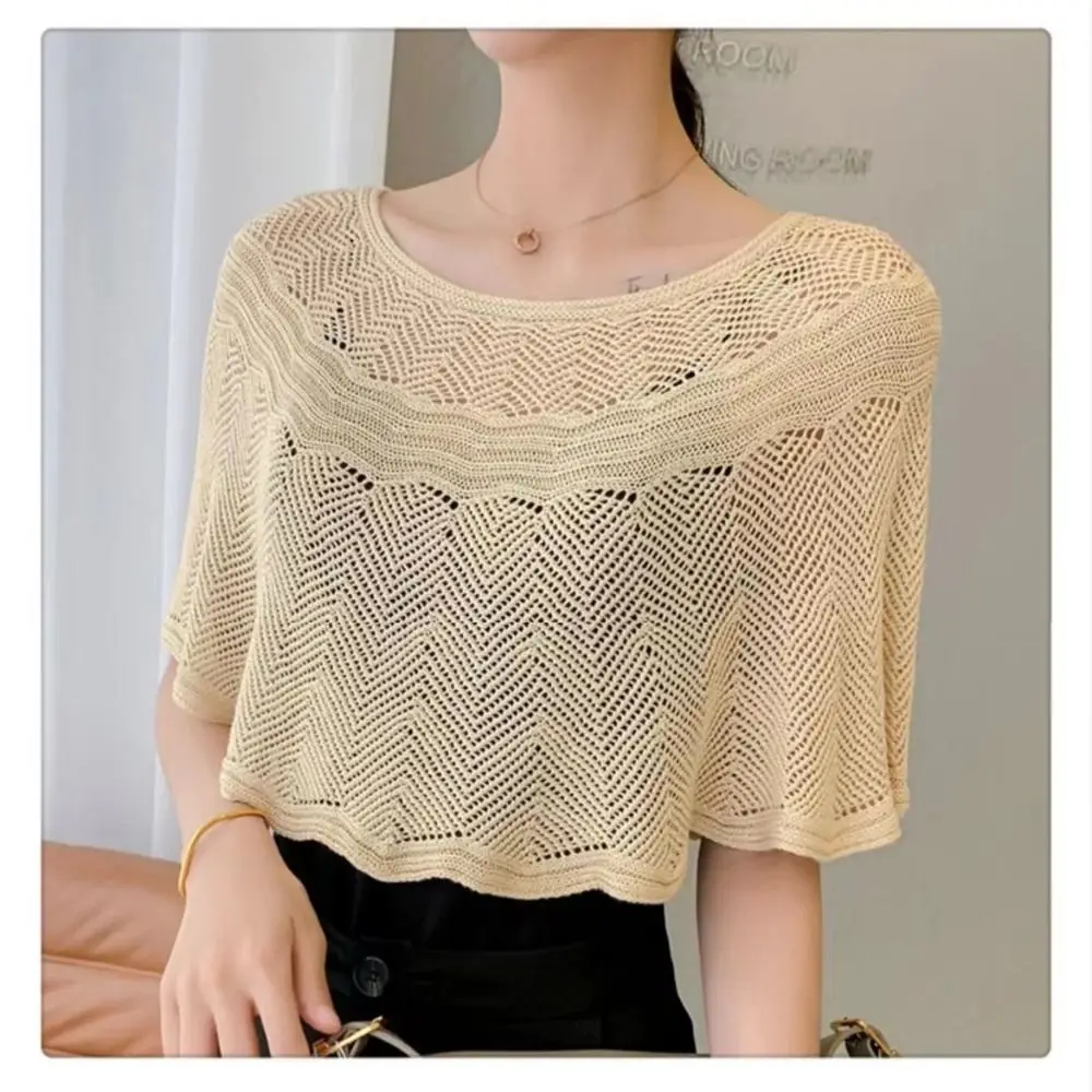 Open Knit Korean Style Cut-out Shawl Knitted Sun-Proof Shawl Ice Silk Cool Hood Scarf Women\'s Loose Shawl