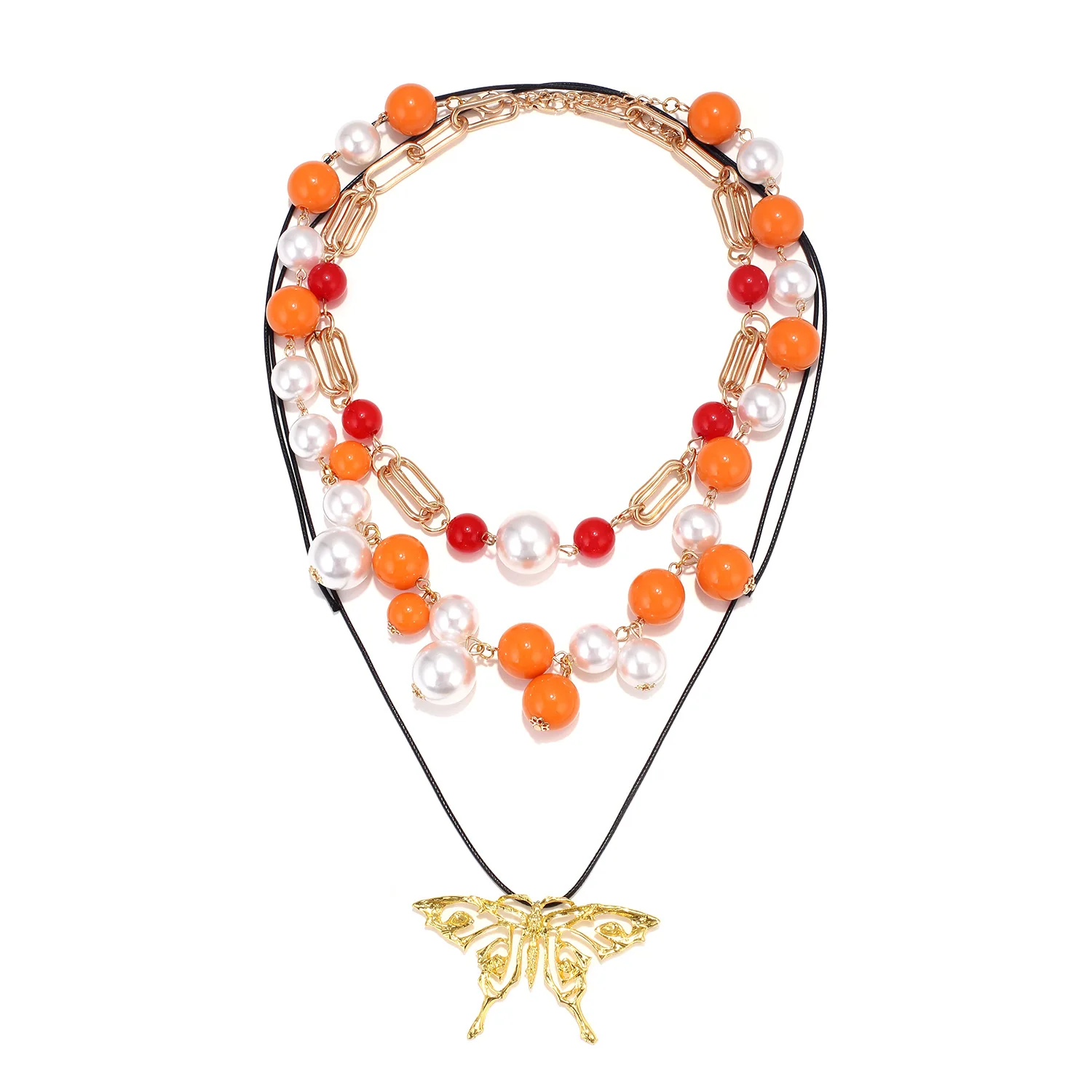 Boho 3‑Layer Beaded Butterfly Pendant Necklace Orange Red Stone Pearl Bead Multi‑Strand Cord Chain Summer Vacation Women Jewelry