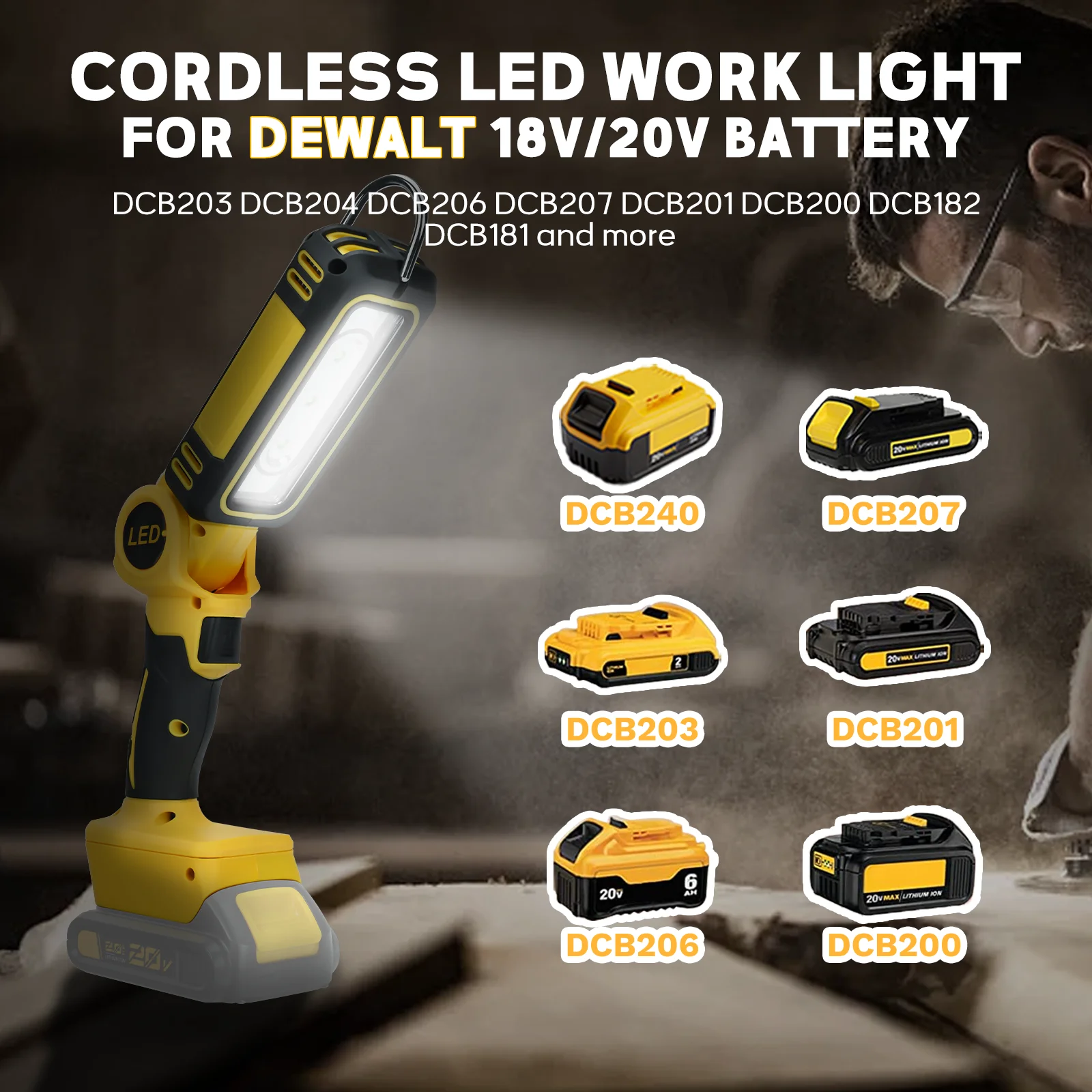 Cordless 300W 1200LM LED Work Light Two Levels Adjustable 140° Wide-Angle Flashlight for Dewalt 20V Li-ion Battery (No Battery)