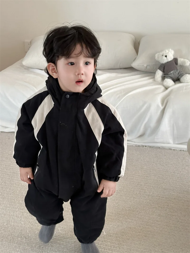 

2024 Autumn New Baby Long Sleeve Hooded Romper Thick Warm Infant Boy Casual Jumpsuit Cotton Newborn Toddler Clothes 0-24M