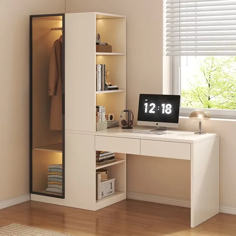 Modern Simple Corner Computer Desk with Integrated Bookshelf for Home Student Bedroom Wardrobe