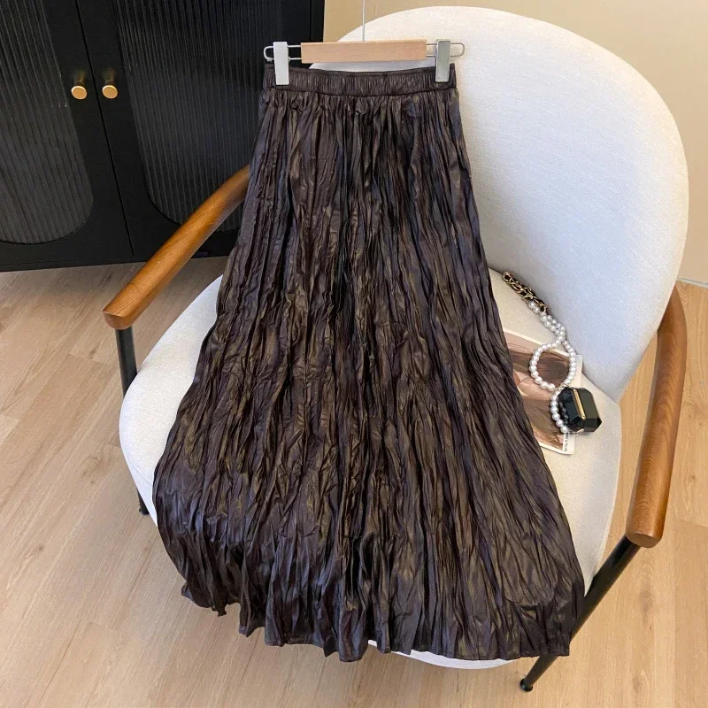 Wine Red Texture Pleated PU Leather Skirt Women's Autumn Fashion Elastic High Waist Hanging Pleat A-shaped Long Skirts Female