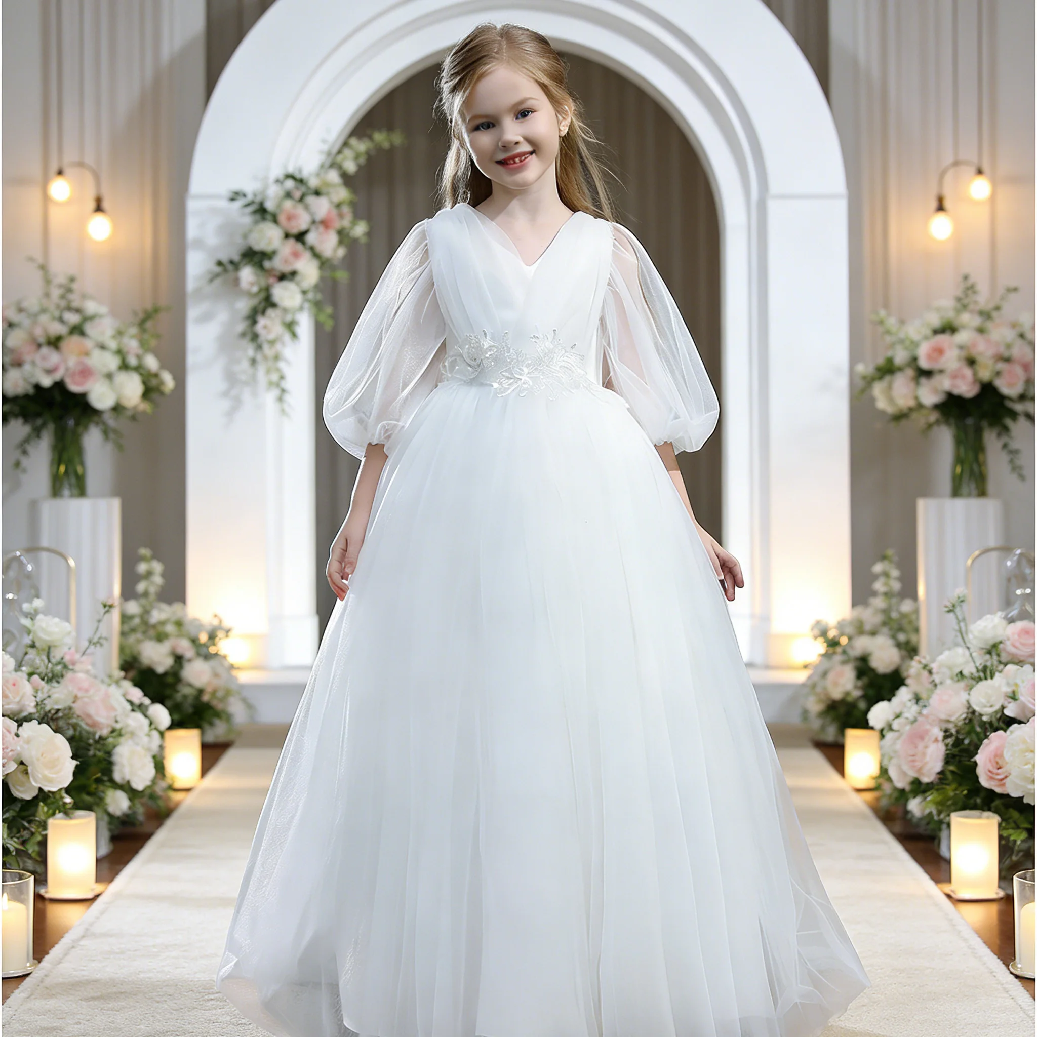 

Белое свадебное марлевое платье для девочек-подростков. Элегантное платье для детей от 4 до 14 лет. Кружевное вечернее платье с вышивкой и пышной марлей для подружки невесты Dre.