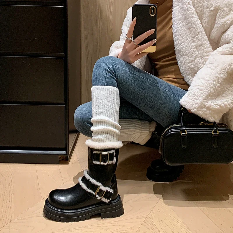 Winter Women Warm Plush Snow Boots Elegant Belt Buckle Shoes Concise Cotton Mid Calf Botas De Mujer