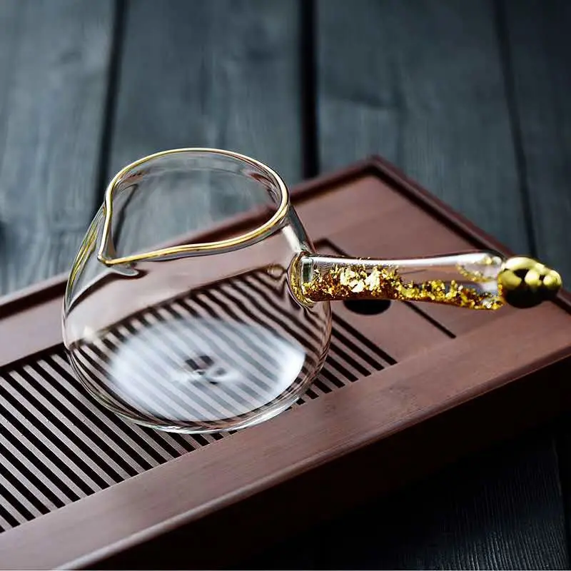 إبريق شاي Gongfu الزجاجي مع مقبض ذهبي مجموعة ملحقات تخمير الشاي من رقائق الذهب