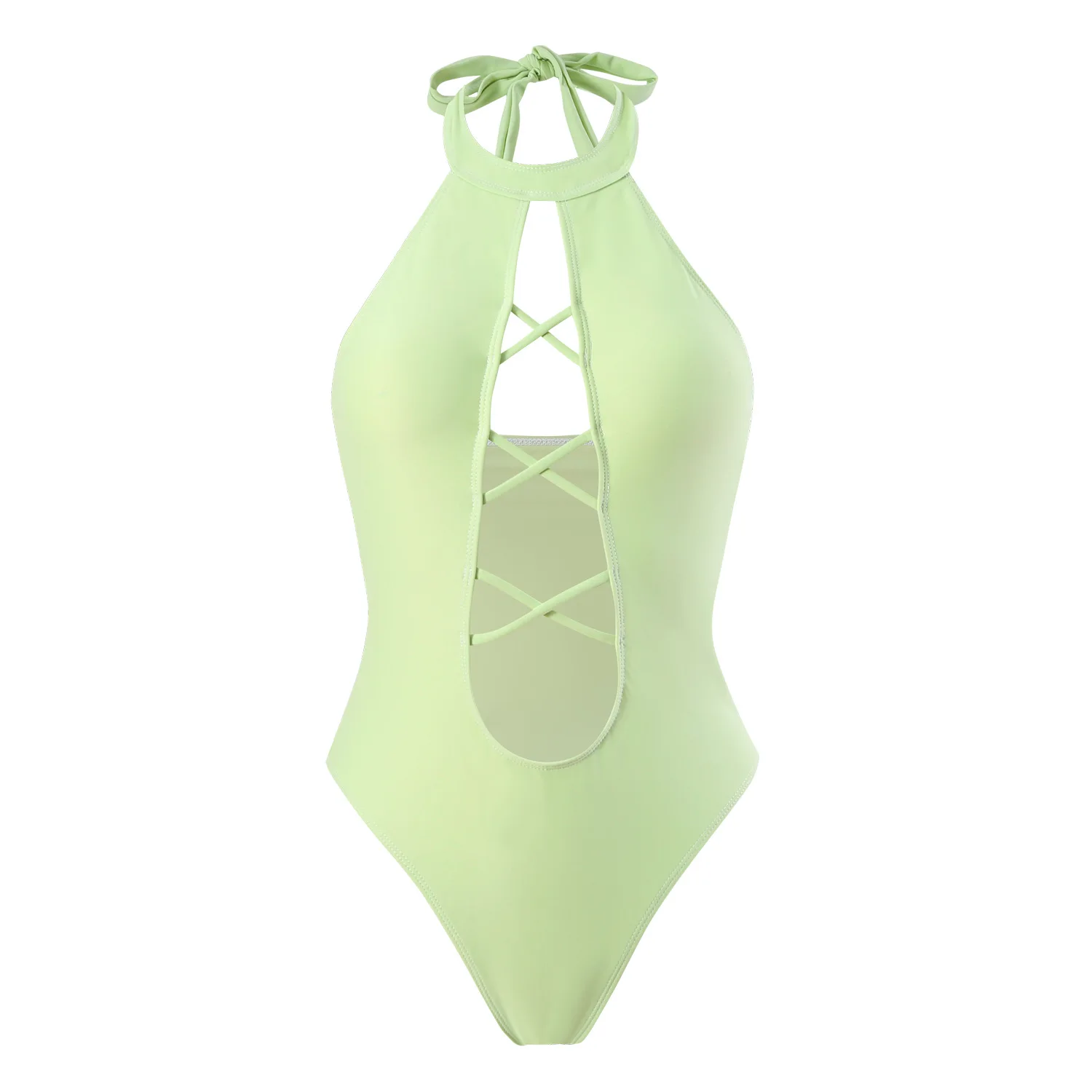 

Sexy Light Green One Piece Swimsuit for Women Criss Cross Halter Cutout Backless Monokini Tummy Control Beach Bathing Suit