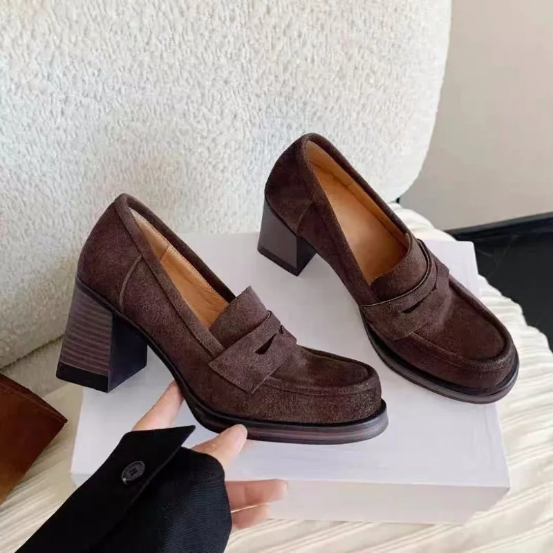 الرجعية الانزلاق على كتلة كعب حذا فردي للسيدات الخريف جديد جولة تو الجلود الناعمة لينة وحيد عدم الانزلاق عالية الكعب