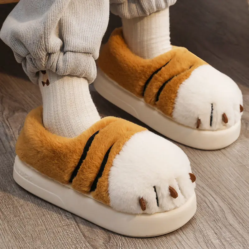 Cartoon Tiger Paw Slipper Women Winter Indoor Warm Fur Shoes Slides Cute Animals Plush Platform Design Claw Ladies Home Slippers