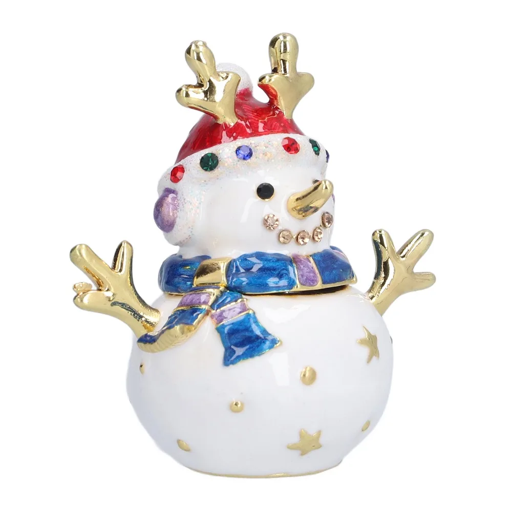 Metal Alloy Snowman Trinket Box Enamel Coating Magnetic Closure Metal Jewelry Holder Crystal Embellishment Hinged Lid
