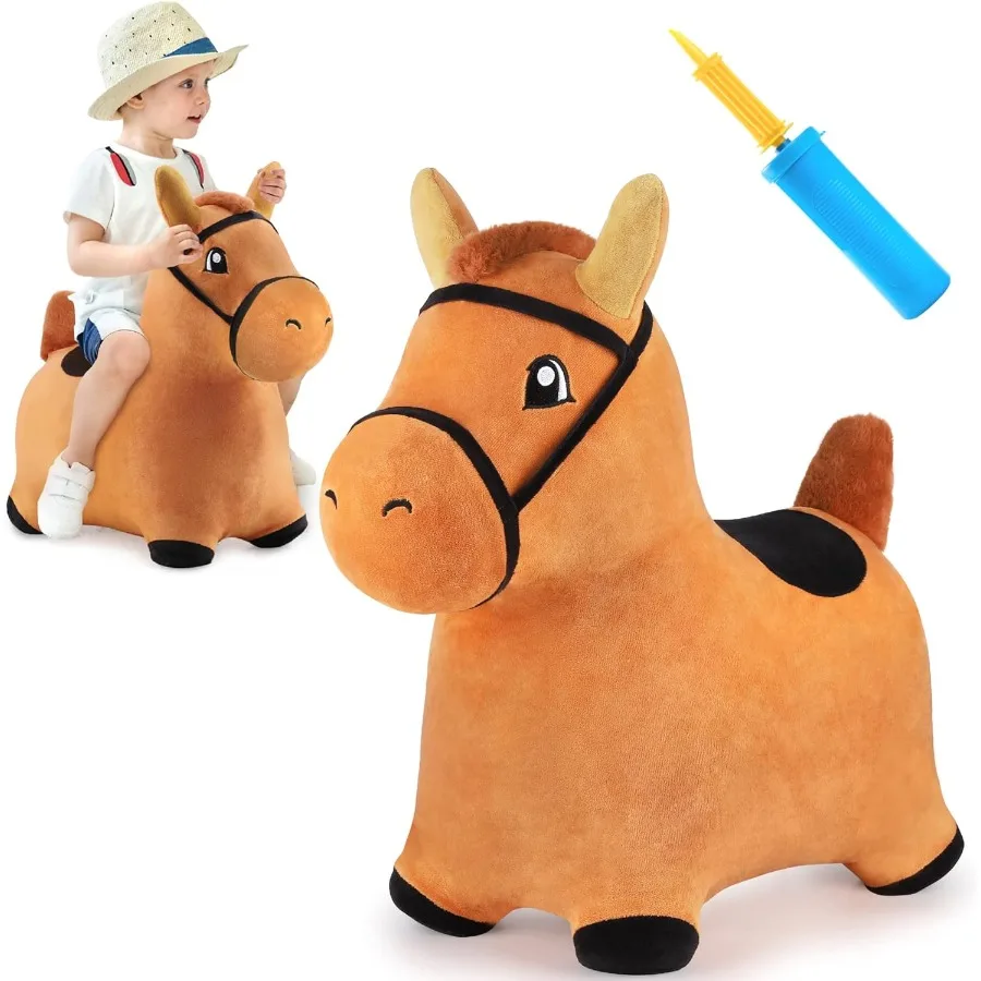 لعبة iPlay iLearn Bouncy Pals Brown Hopping Horse للأطفال الصغار من القطيفة على شكل حيوانات مع نطاط قابل للنفخ ومضخة مدمجة #1