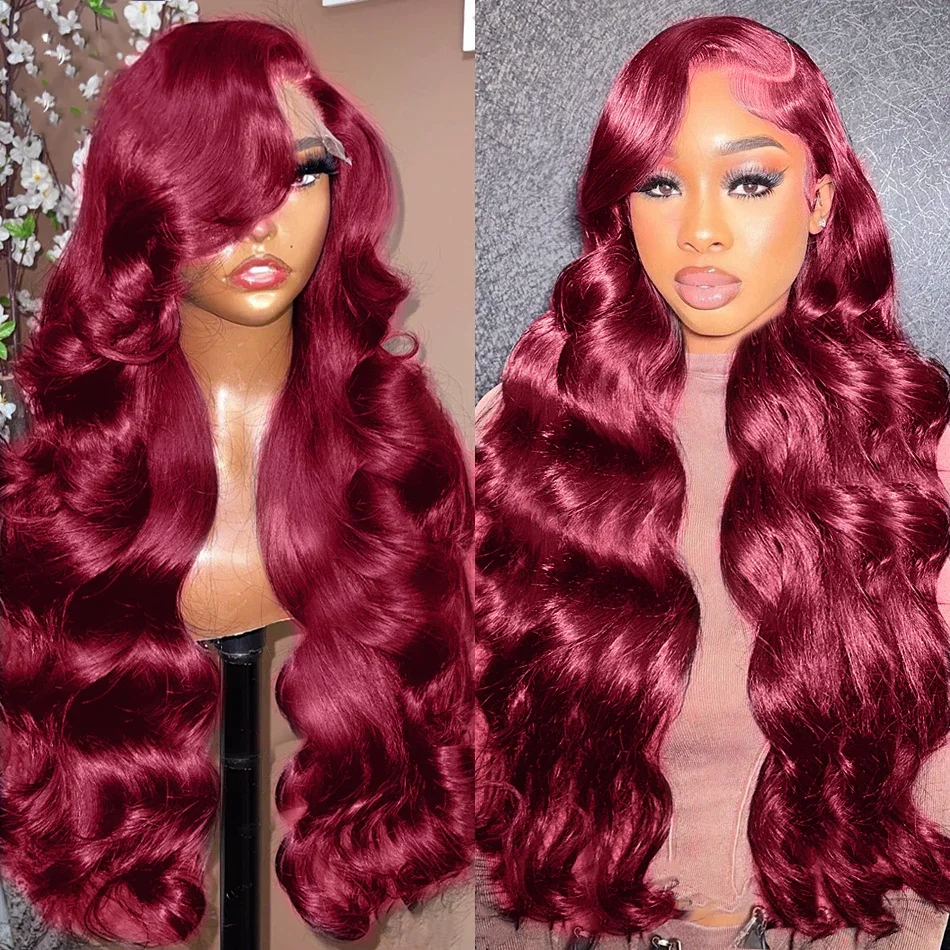 Burgundy 99J Body Wave 13x4 Lace Frontal Human Hair Wigs Peruvian Red Colored Lace Front Wig 180 Density For Women 30 32 Inches