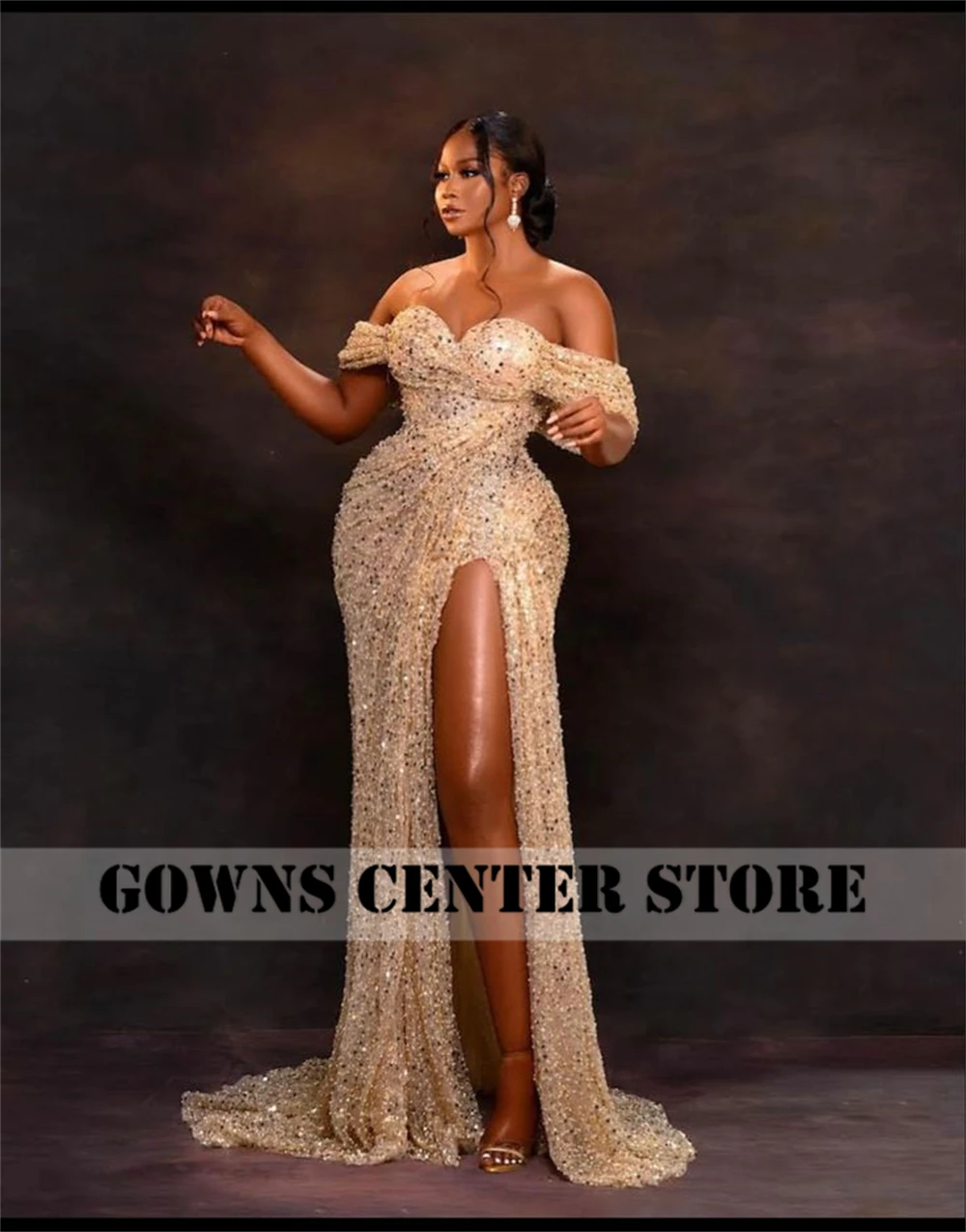 Champagne Beaded Off The Shoulder Aso Ebi Luxury Evening Dresses For Wedding 2024 High Slit Mermaid Prom Dress Customized