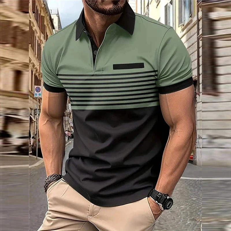 Business Men\'s Polo T Shirt Summer Short Sleeve Clothing Fashion Stripe Print Street Casual Buttons Tops Oversized Pullover