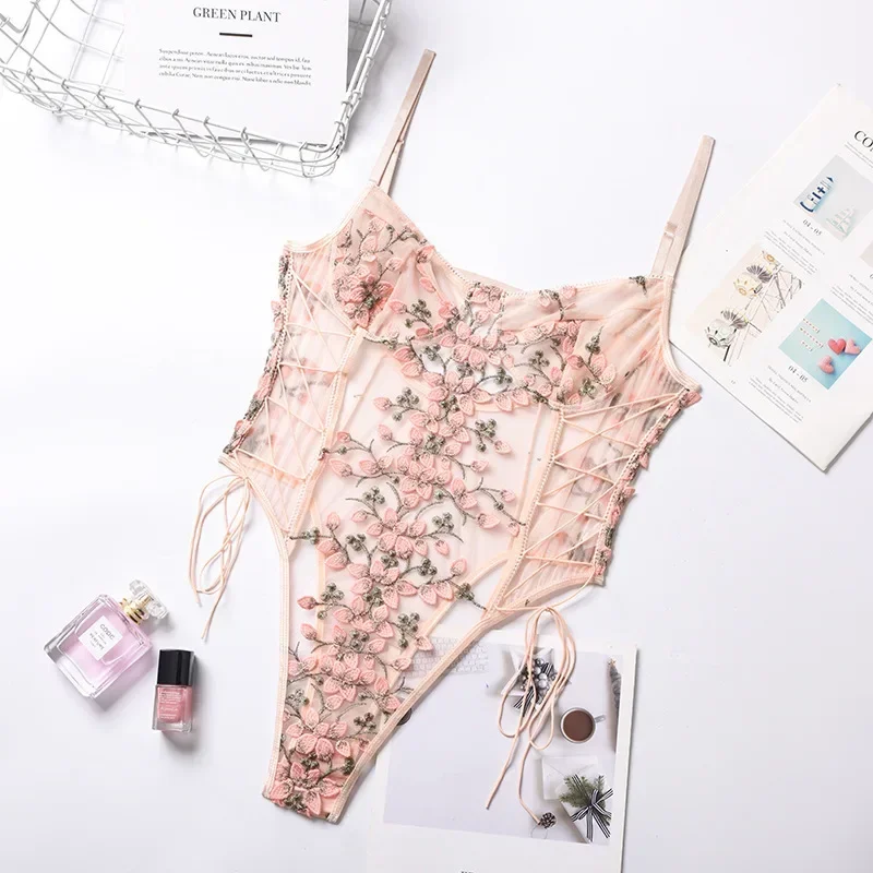 Women's Sweet Lace Flower Embroidery Strap Lingerie Set Sexy Perspective Temptation Jumpsuit Female Solid Exotic Apparel Suit