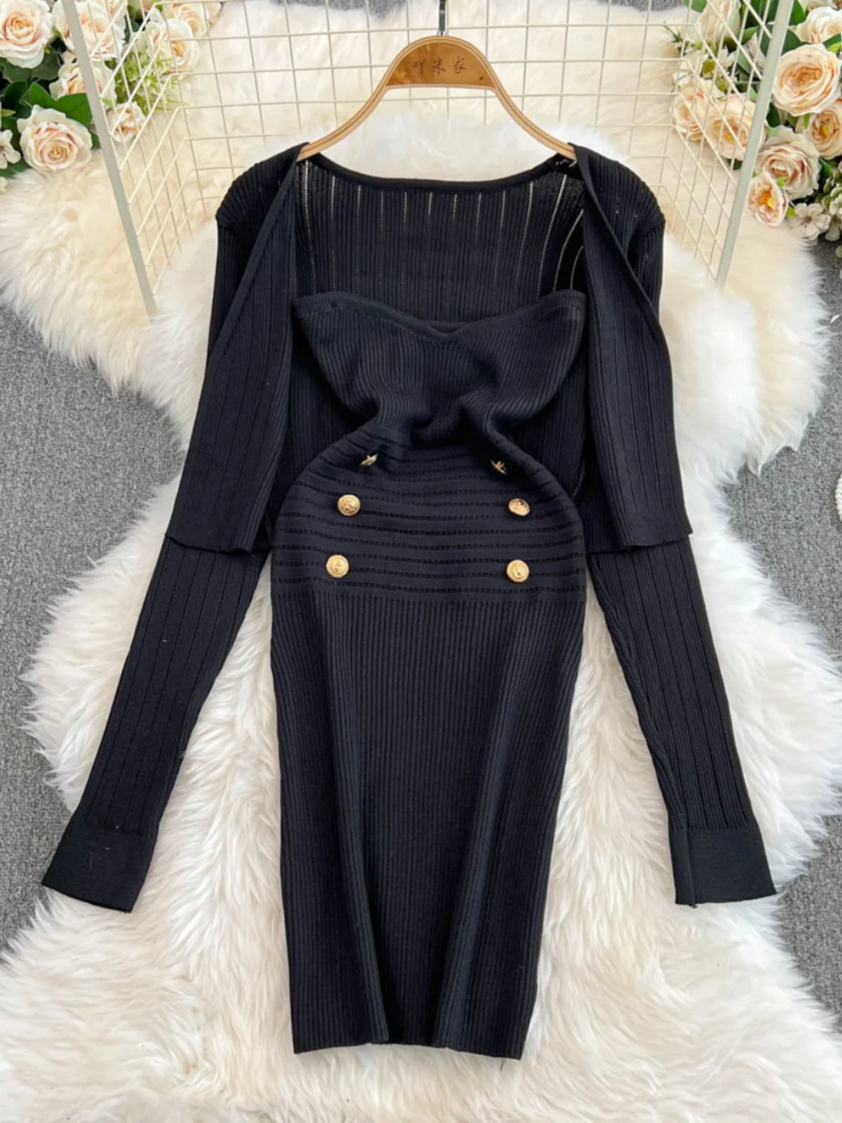 Gagaok Sexy Cardigans Dresses Set Women Elegant Strapless Buttons Bodycon Dress+gentle Solid Cardigan Sweater Long Sleeve Top