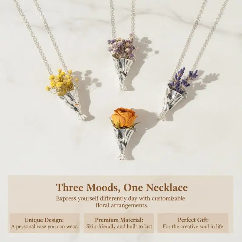 Silver Tone Dried Rose Bouquet Pendant Necklace Unique Creative Design For Daily Wear Dating Romantic Gifts For Women